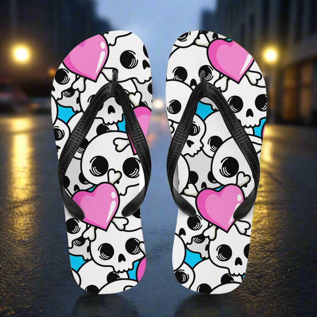 Unique Pink Heart skulls flip flop sandals featuring colorful skulls and hearts design for trendy summer wear