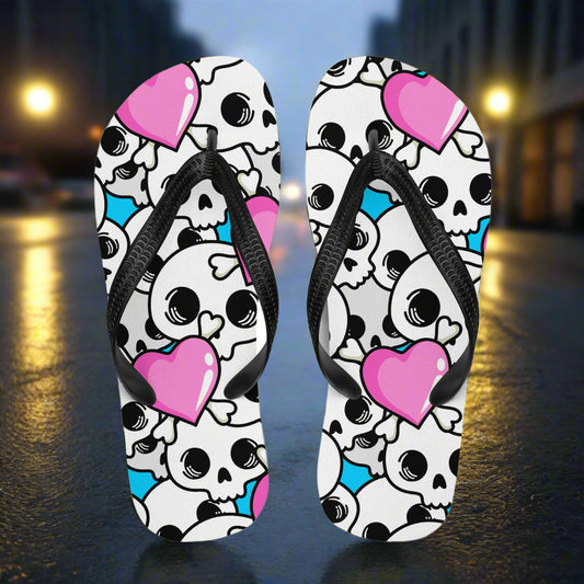 Unique Pink Heart skulls flip flop sandals featuring colorful skulls and hearts design for trendy summer wear