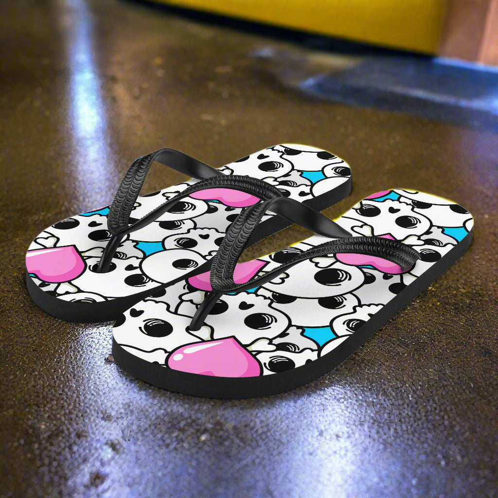 Unique Pink Heart skulls flip flop sandals with colorful design and black straps for trendy summer wear