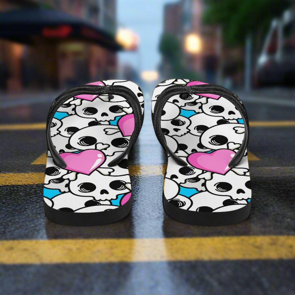 Unique Pink Heart skulls flip flop sandals with playful design for casual summer wear