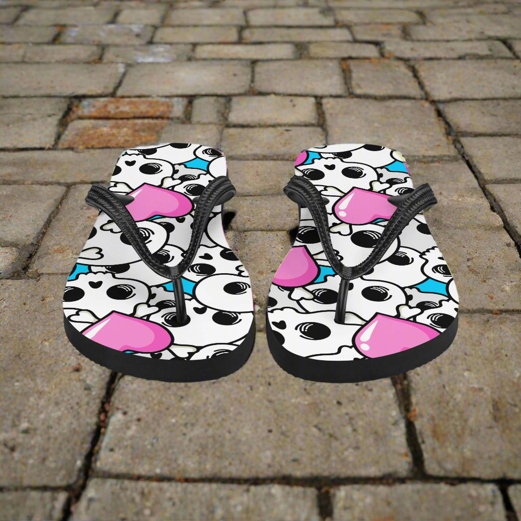 Unique Pink Heart skulls flip flop sandals with a fun and playful design for summer wear