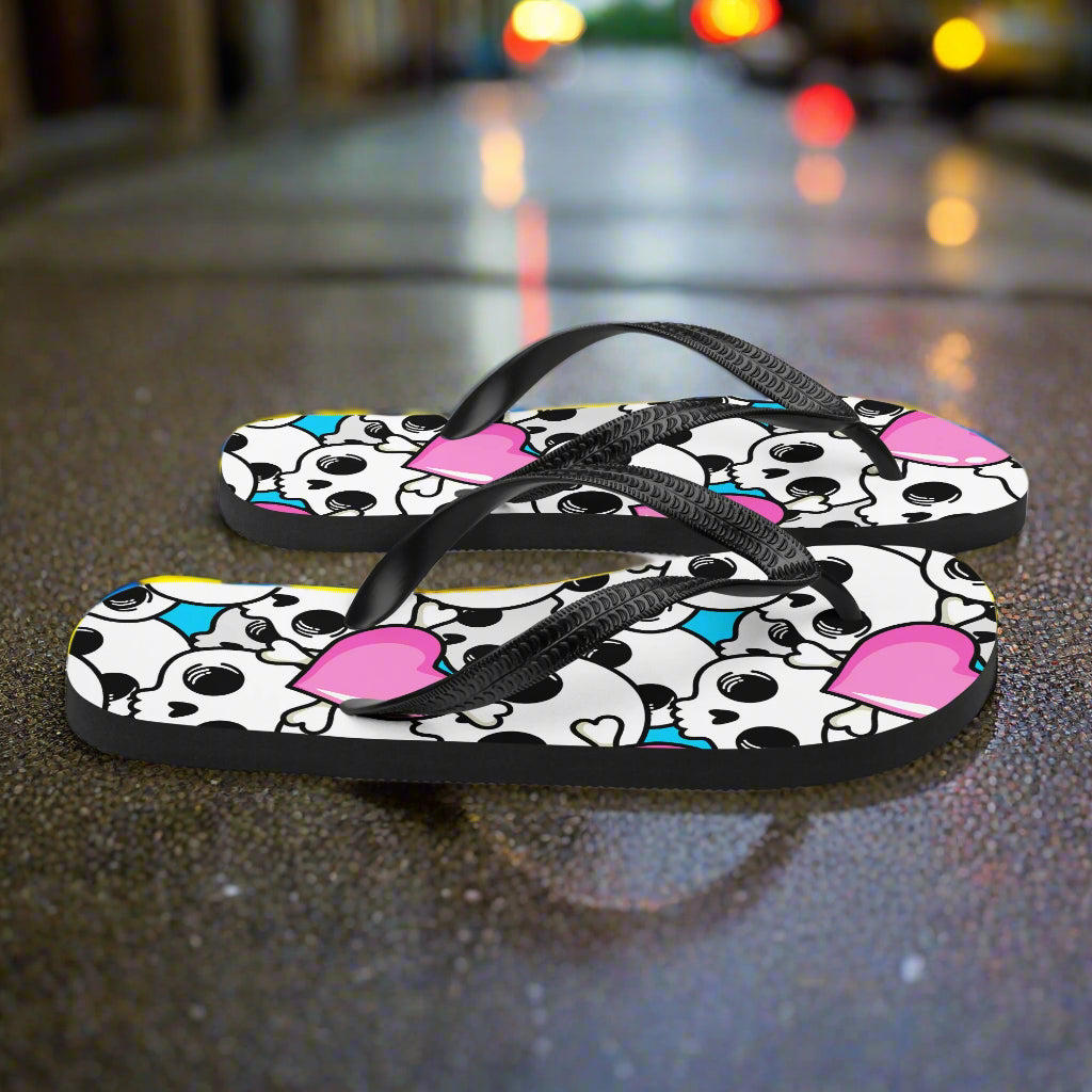Unique Pink Heart skulls flip flop sandals with vibrant design for stylish summer wear