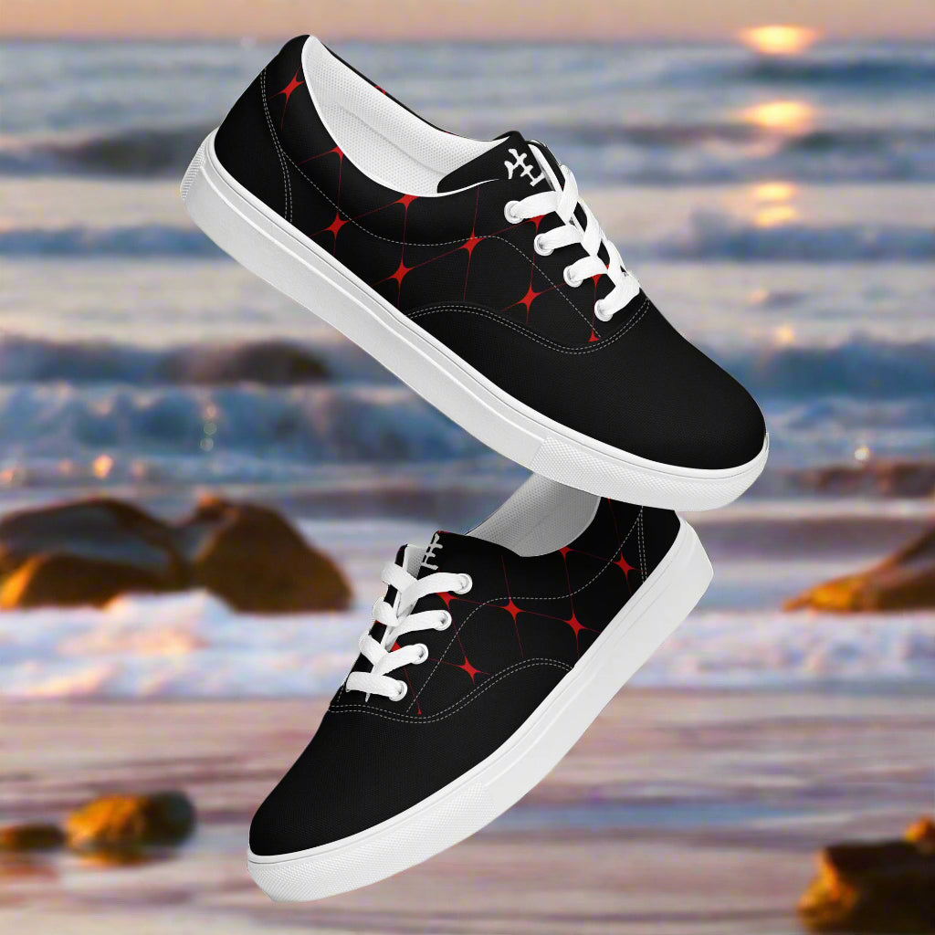 Custom Lace-up Canvas Shoes WildSage Market black sneakers with white laces and red star pattern by beach sunset