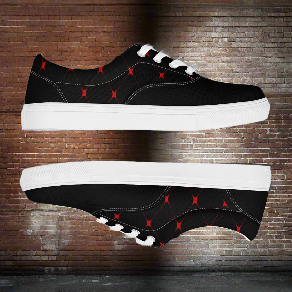 WildSage Market Custom Lace-up Canvas Shoes black with red star lattice pattern and white rubber sole