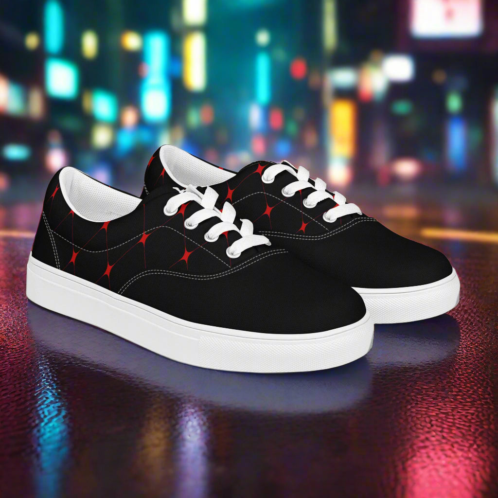 WildSage Market Custom Lace-up Canvas Shoes black low top sneakers with white soles white laces red star pattern