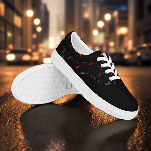 WildSage Market Custom Lace-up Canvas Shoes black with red star pattern white laces and white sole on wet city street at night