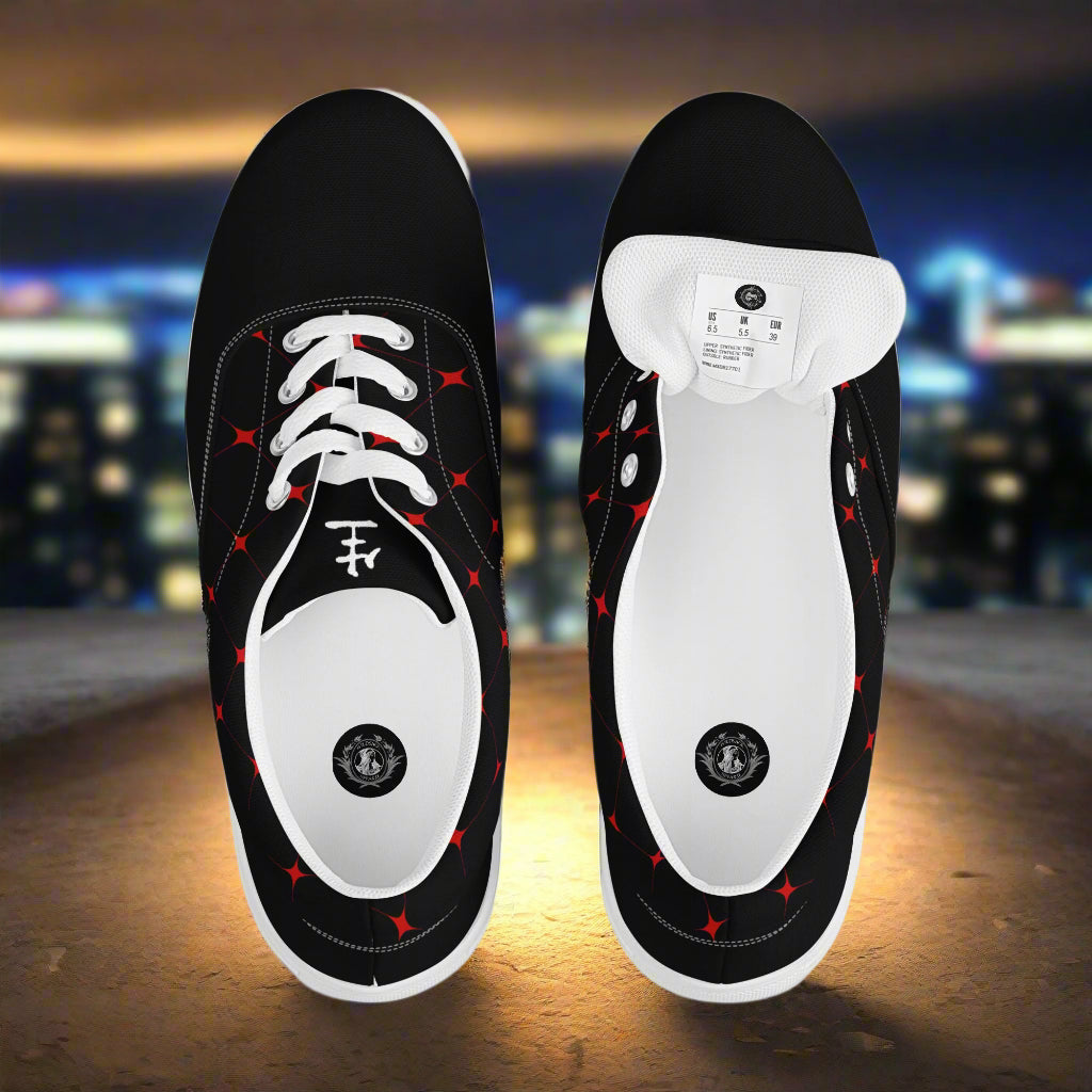 Custom Lace-up Canvas Shoes from WildSage Market black top view white laces white insoles red diamond accents