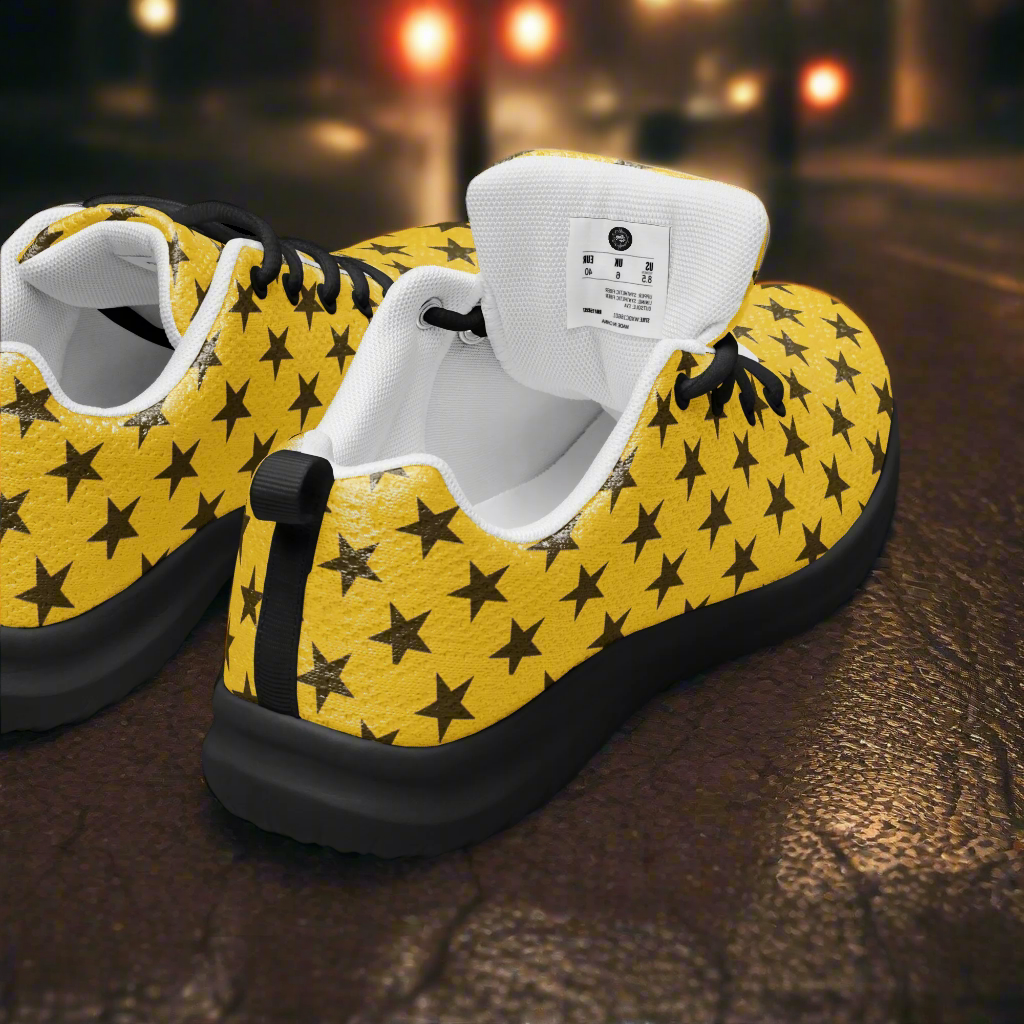 WildSage Market yellow womens athletic shoes with black star print on cushioned sole Custom Athletic Shoes