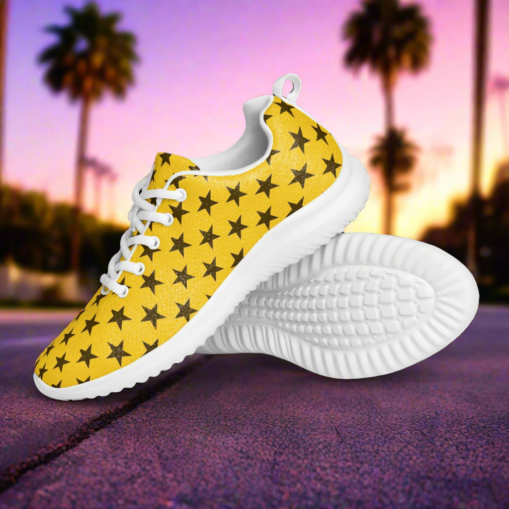 WildSage Market womens yellow star print athletic sneakers with white sole on sunset street Custom Athletic Shoes