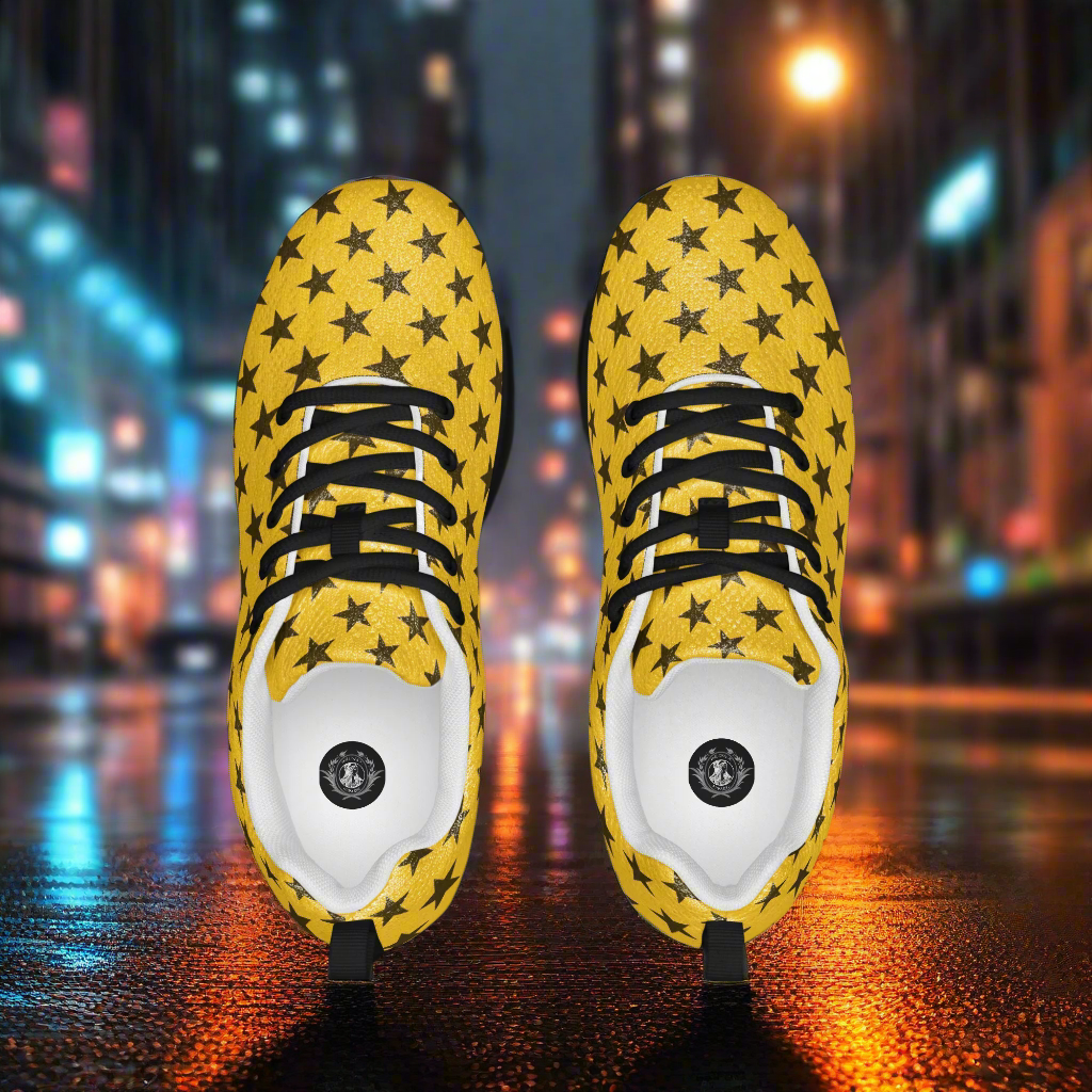 WildSage Market womens yellow star print athletic shoes top view on wet city street at night Custom Athletic Shoes