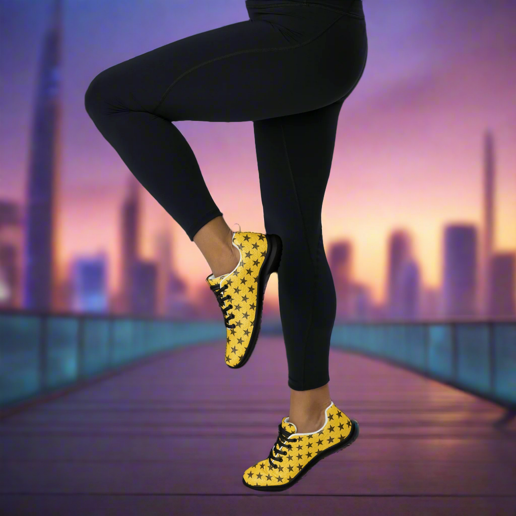 Custom Athletic Shoes WildSage Market yellow womens sneakers with black star pattern and black laces worn with leggings
