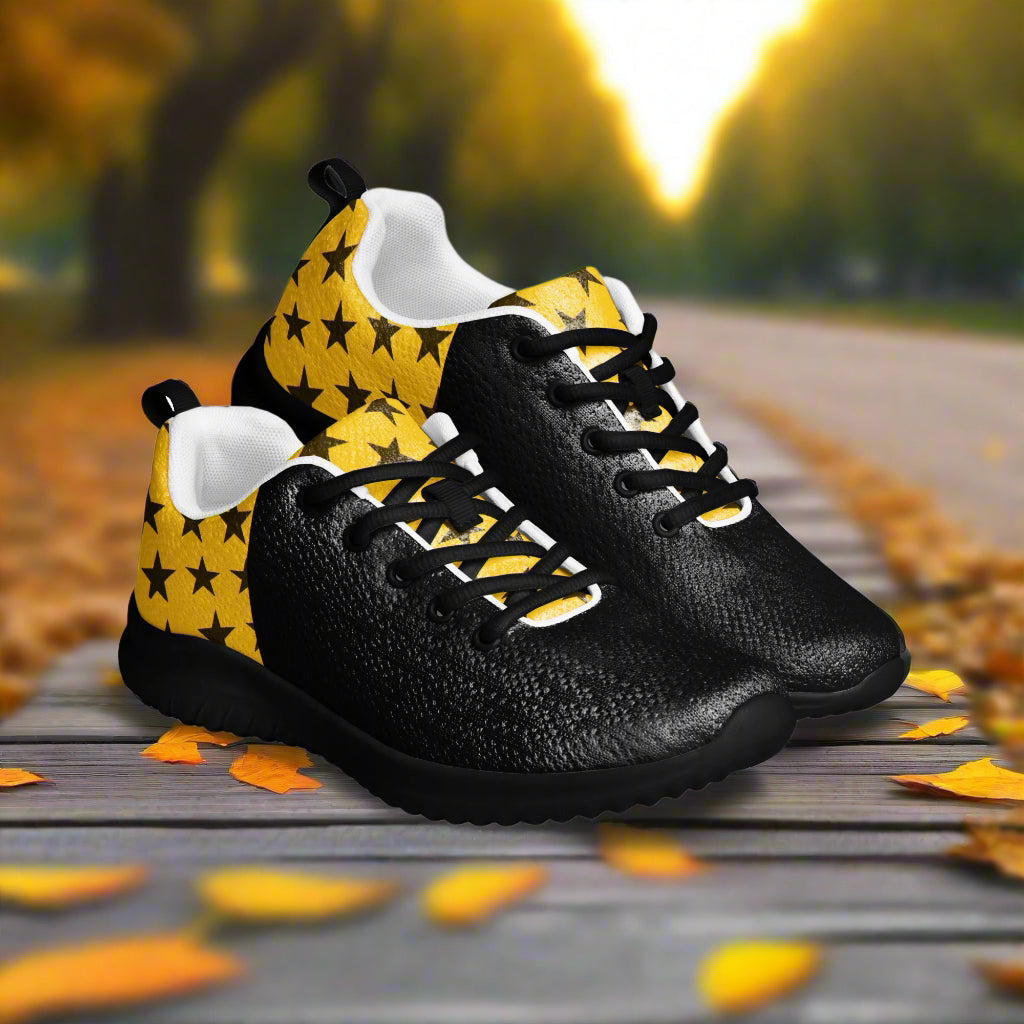 WildSage Market womens Custom Athletic Shoes black textured front with yellow star heel on autumn boardwalk