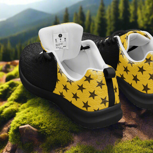 WildSage Market womens Custom Athletic Shoes yellow star print with black toe and cushioned white interior