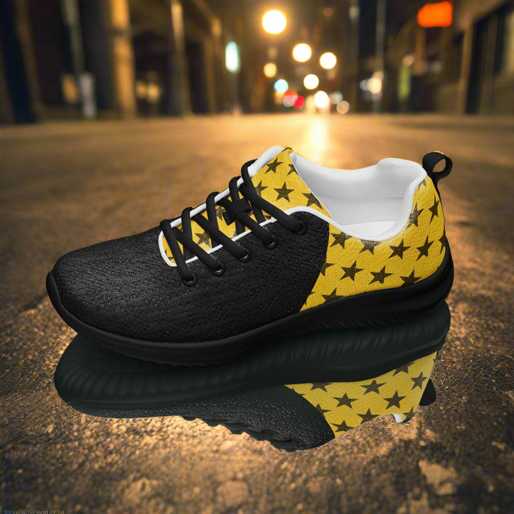 WildSage Market women athletic shoe black mesh with yellow star heel pattern Custom Athletic Shoes for city running
