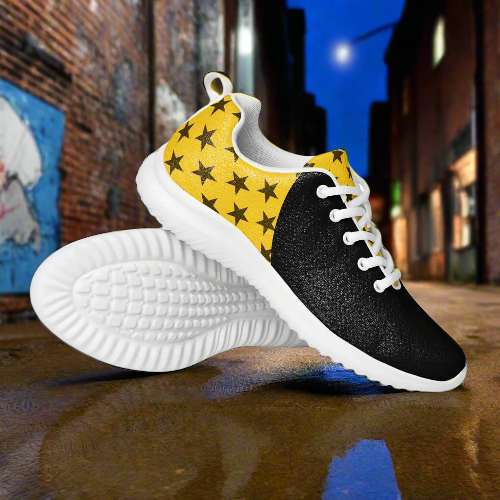 WildSage Market Custom Athletic Shoes womens black knit toe and yellow star heel with white sole in urban alley
