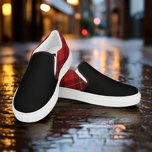 WildSage Market Plaid Red Slip-On Canvas Shoes . Black front with red plaid heel and white rubber sole casual slip on
