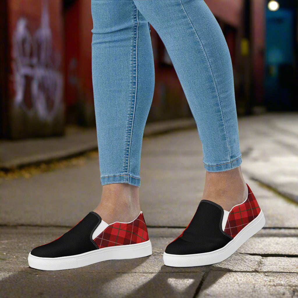 Plaid Red Slip-On Canvas Shoes WildSage Market casual slip on sneakers worn with jeans on city sidewalk