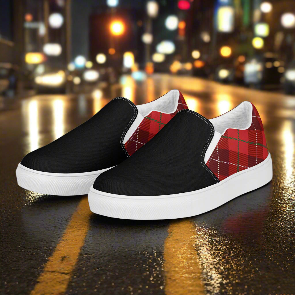 WildSage Market Plaid Red Slip-On Canvas Shoes black front with white sole and red plaid heel for casual city wear