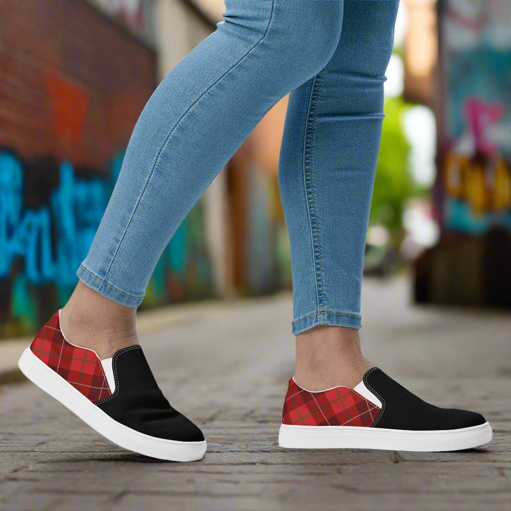 Plaid Red Slip-On Canvas Shoes by WildSage Market black canvas with red plaid heel panels white sole worn with jeans