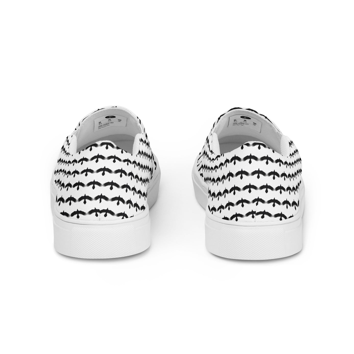WildSage Market black raven pattern slip on shoes showing back view with white sole
