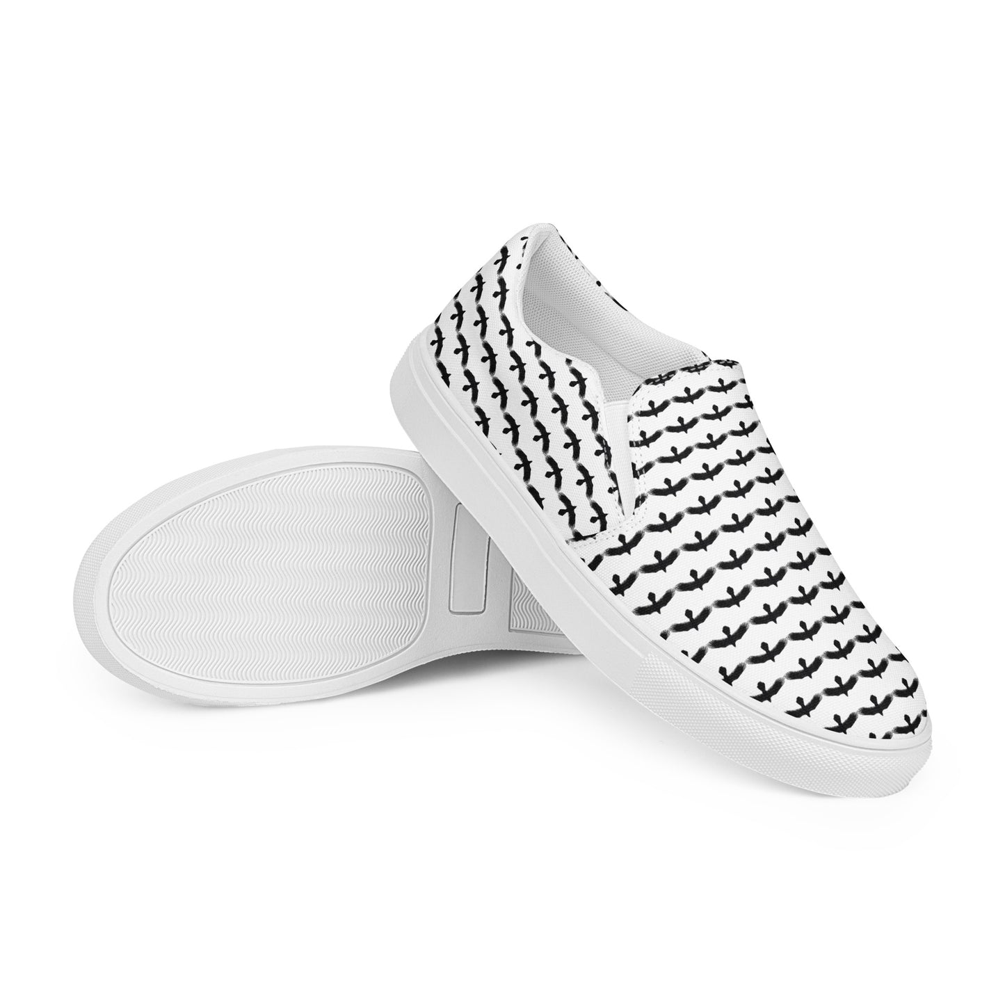 WildSage Market black raven pattern slip on shoes with white soles and black raven silhouettes