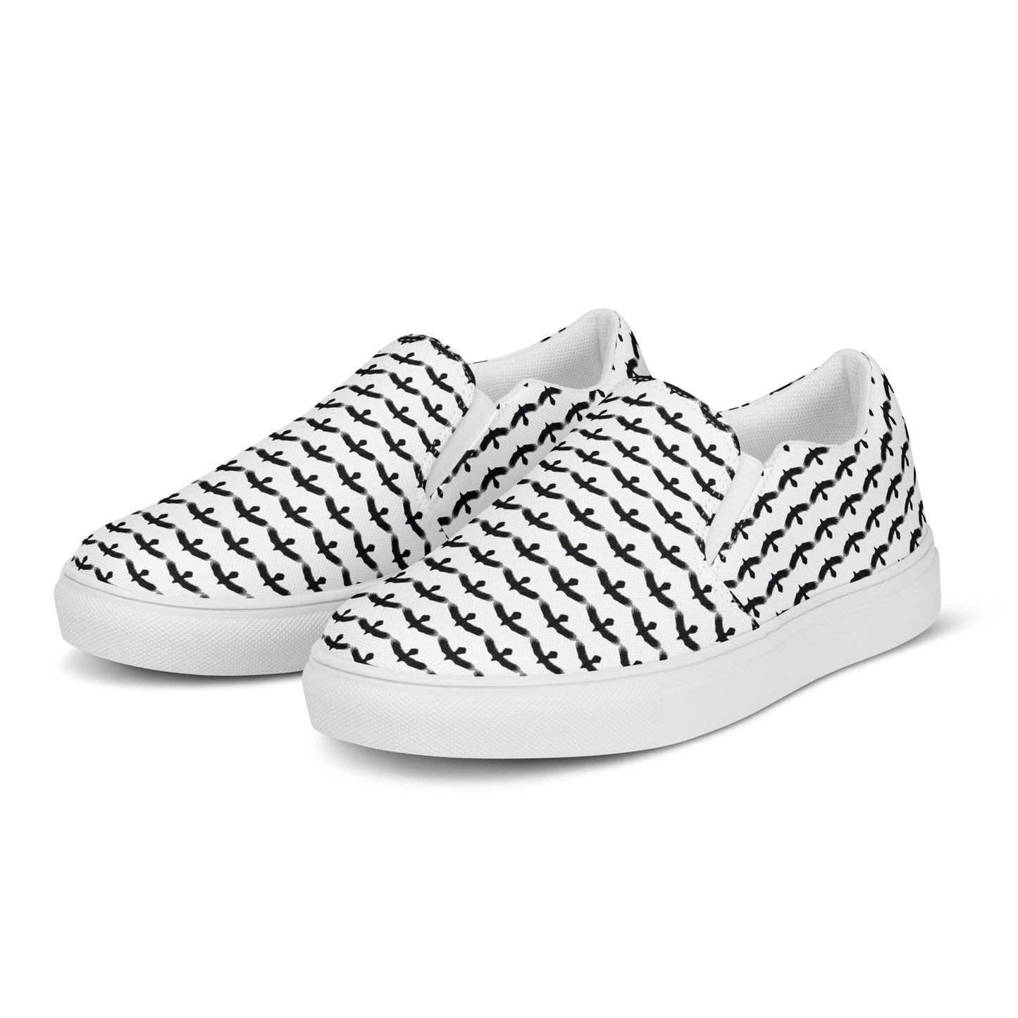 WildSage Market black raven pattern slip on shoes with white base and black bird design