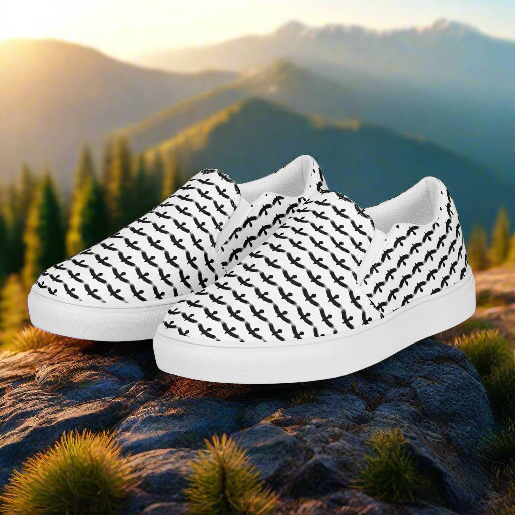 WildSage Market black raven pattern slip on shoes with white base and black bird design