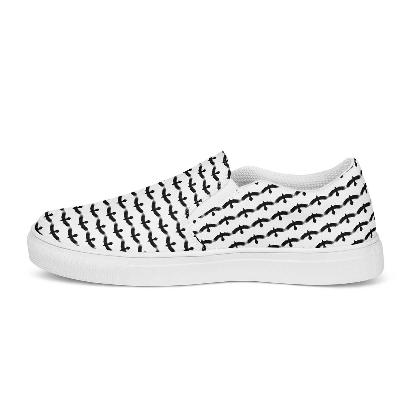 WildSage Market black raven pattern slip on shoes with white sole and seamless design