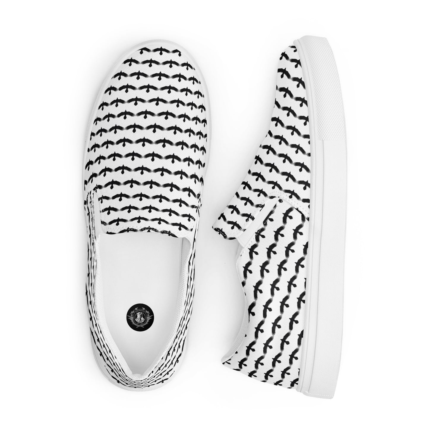 WildSage Market black raven pattern slip on shoes with white background and repeating black raven design