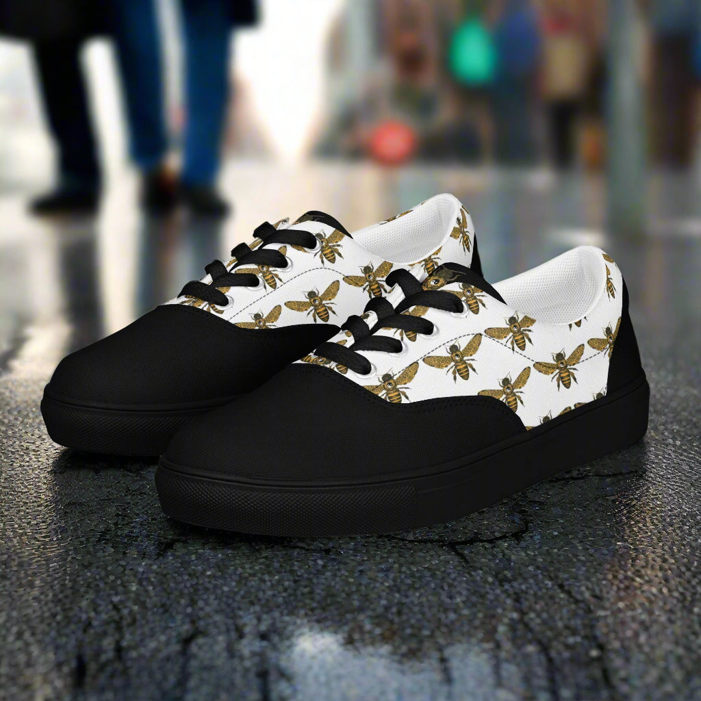 lace up bee pattern two tone lace-up canvas shoes with black and white design
