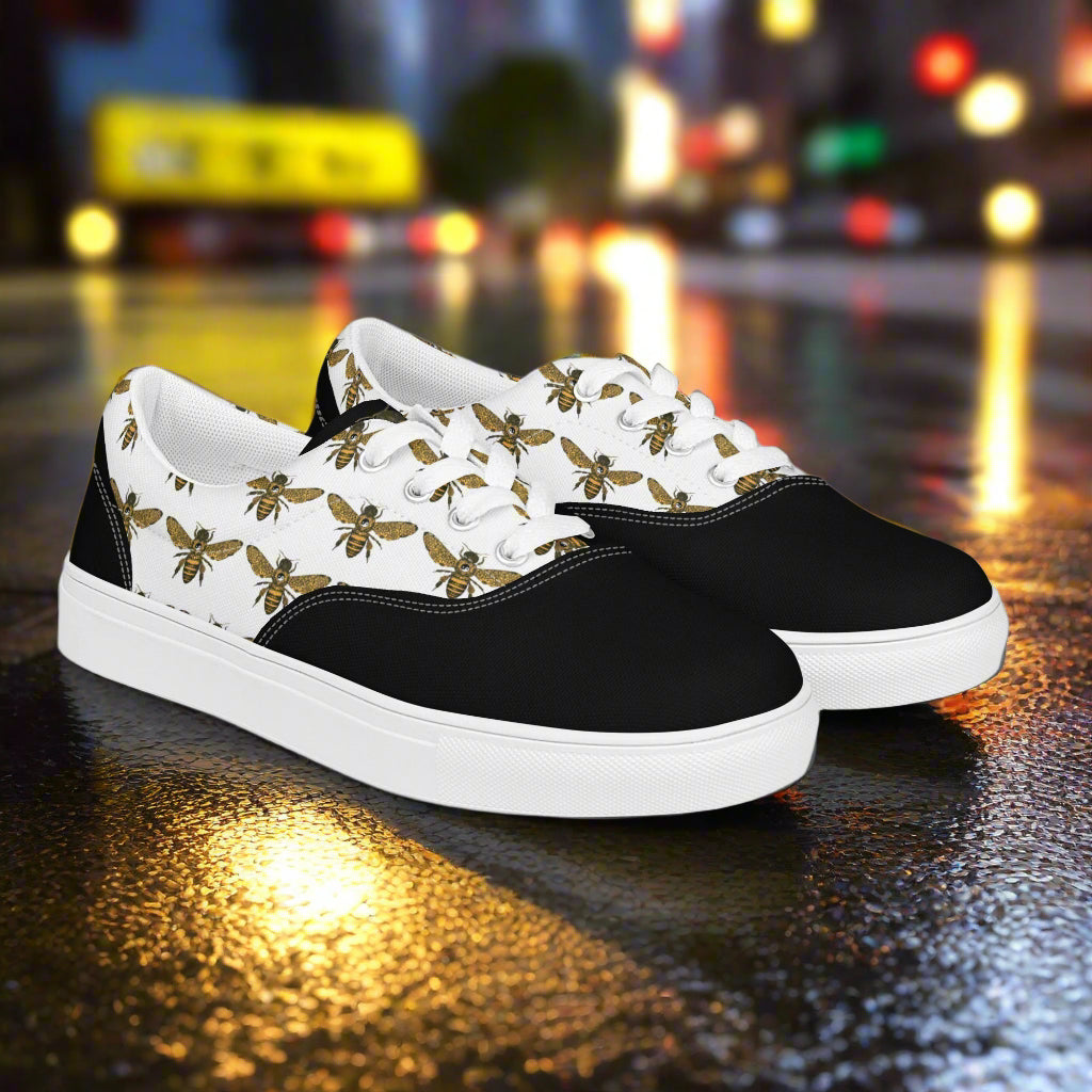 WildSage Market lace up bee pattern two tone lace-up canvas shoes with black and white design