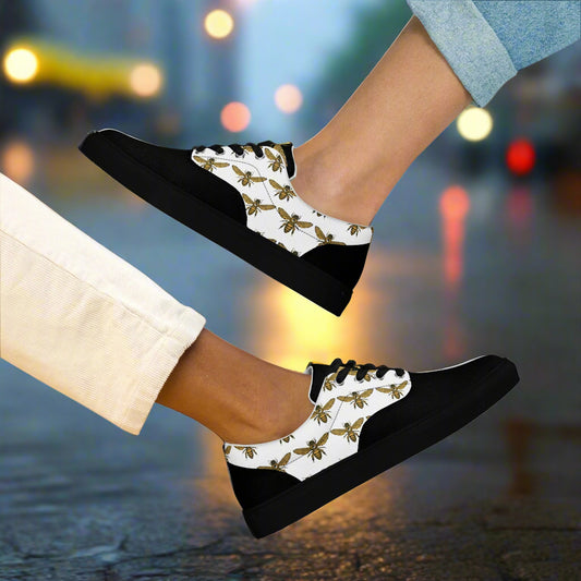 WildSage lace up bee pattern two tone canvas shoes with black and white design