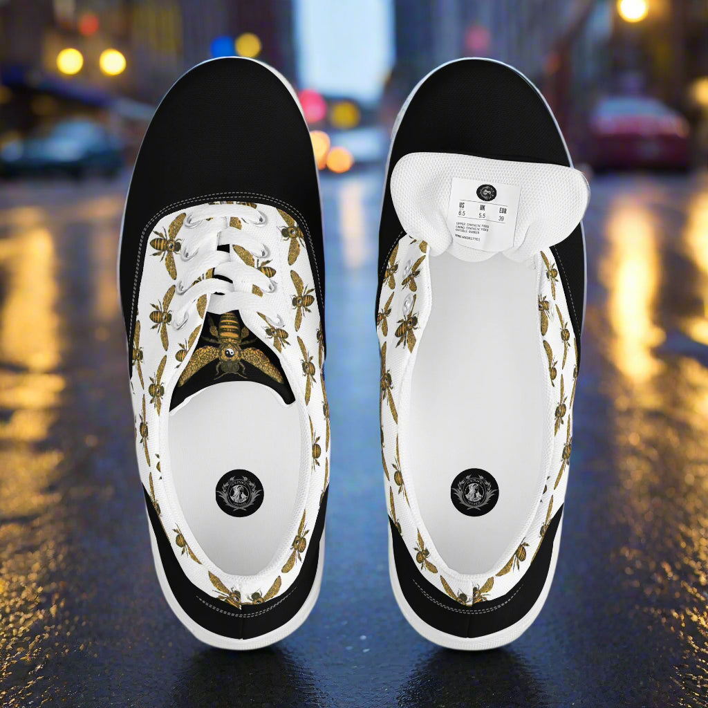 WildSage Market lace up bee pattern two tone canvas shoes with black and white design