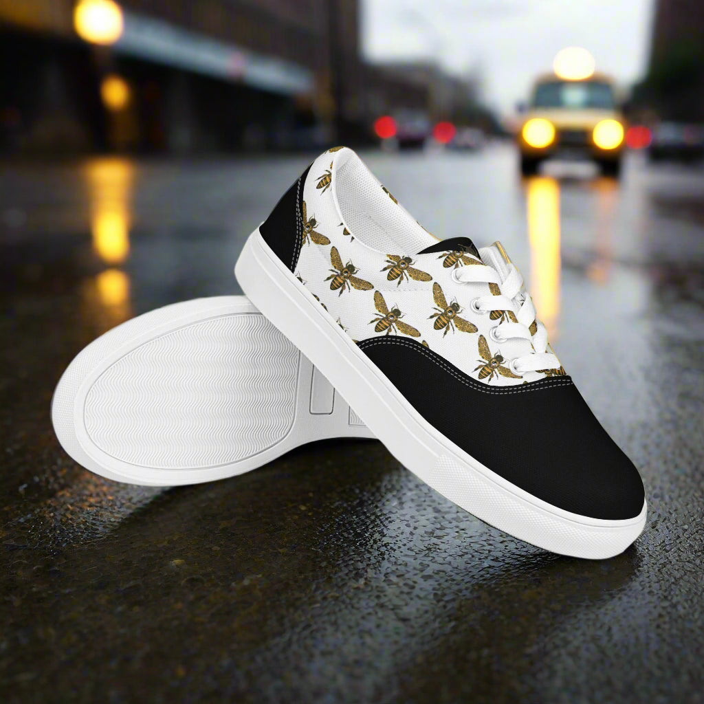 WildSage Market lace up bee pattern two tone canvas shoes with white soles on wet street