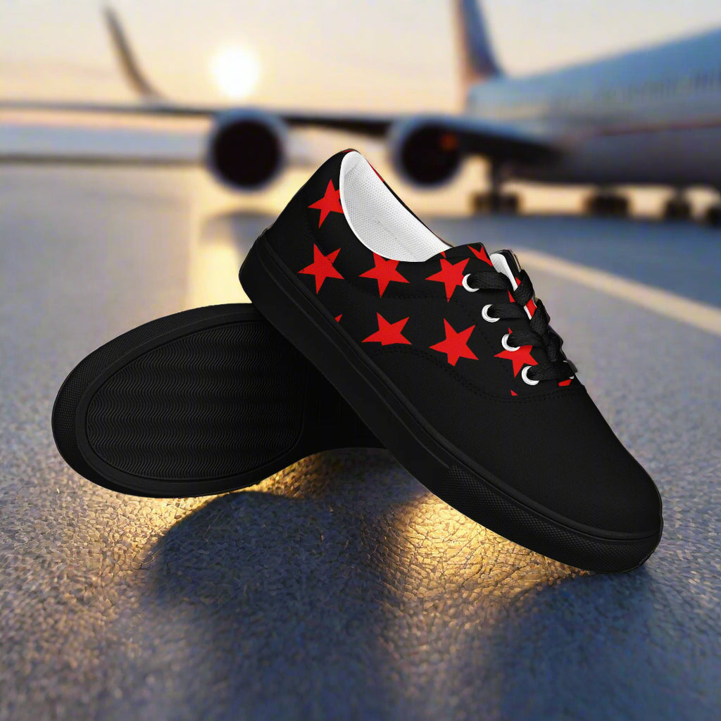 WildSage Market lace up red star pattern two tone canvas shoes with black base and red stars