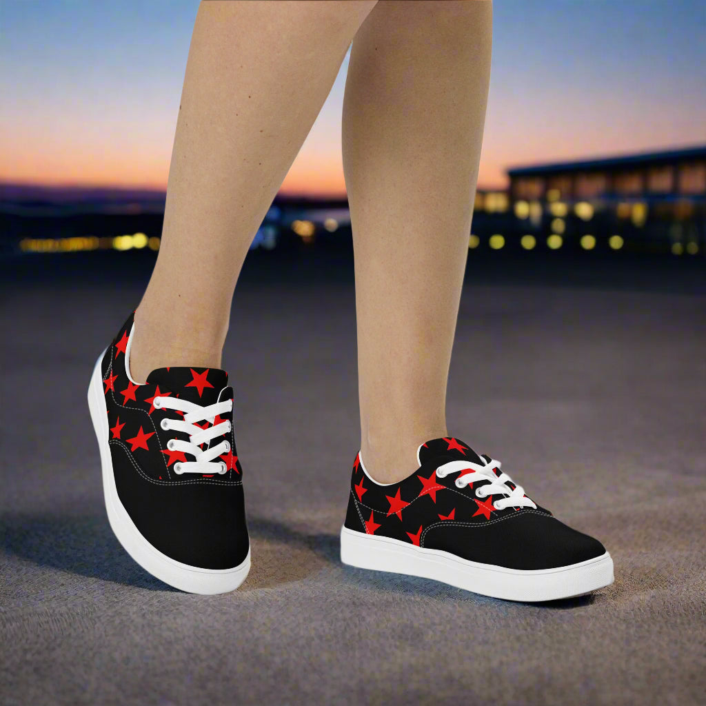 WildSage Market lace up red star pattern two tone canvas shoes with white laces and soles