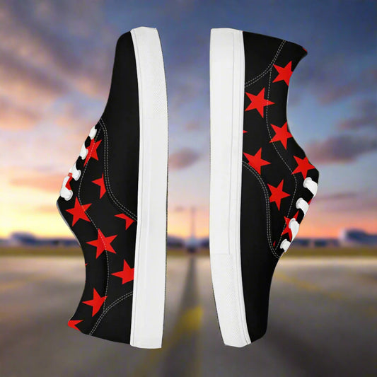 lace up red star pattern two tone canvas shoes with white soles and laces
