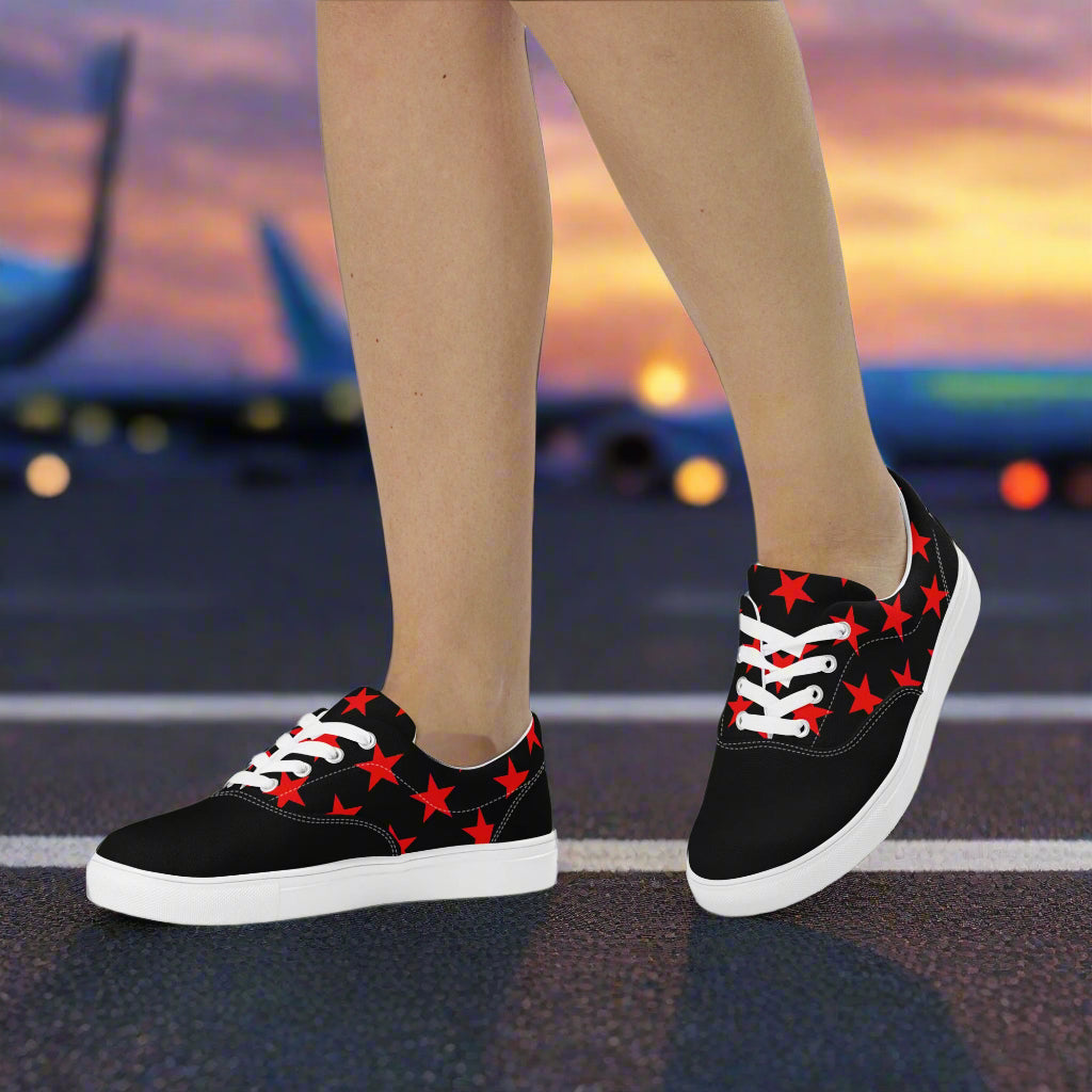WildSage Market lace up red star pattern two tone lace-up canvas shoes on feet with white soles