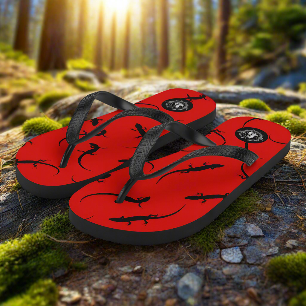 WildSage Market red lizard print flip flops with a stylish design for casual summer wear