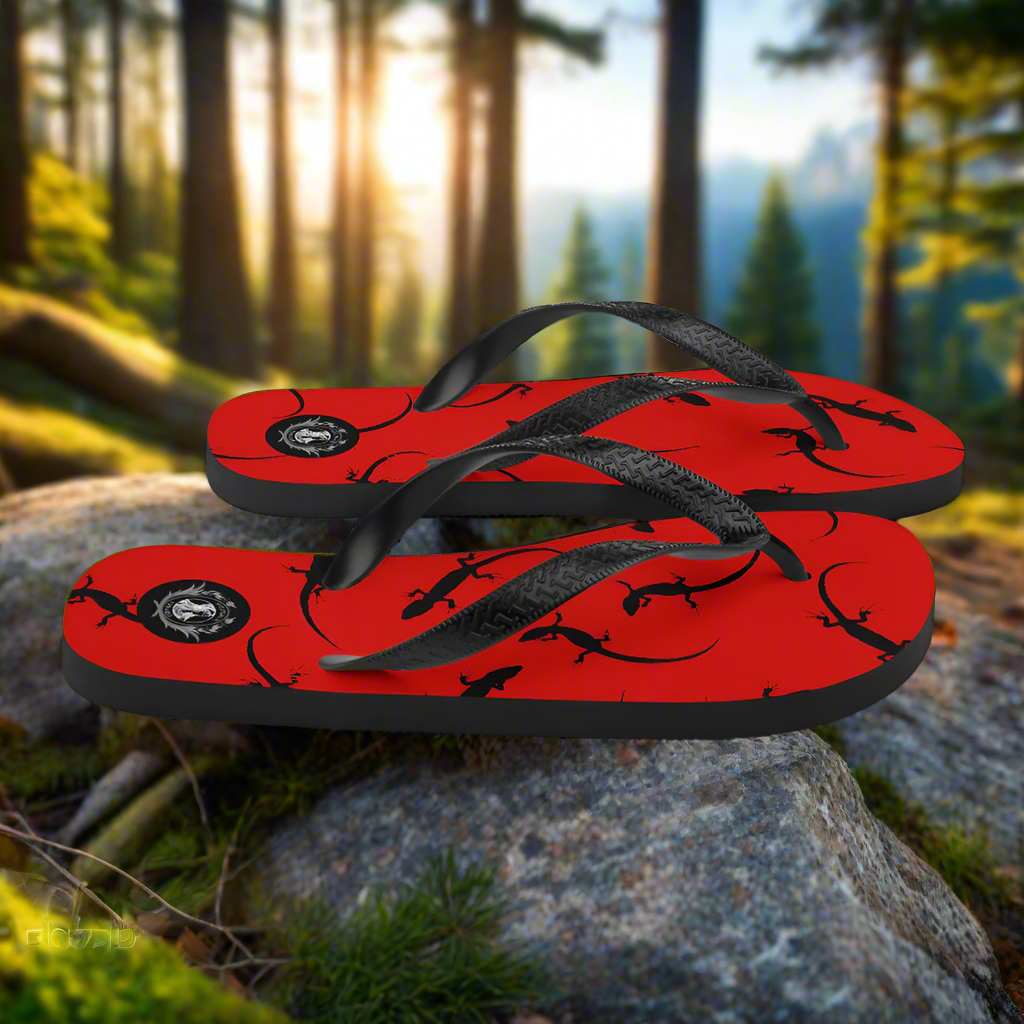WildSage Market Red Lizard Print Flip Flops with Black Straps for Stylish Comfort