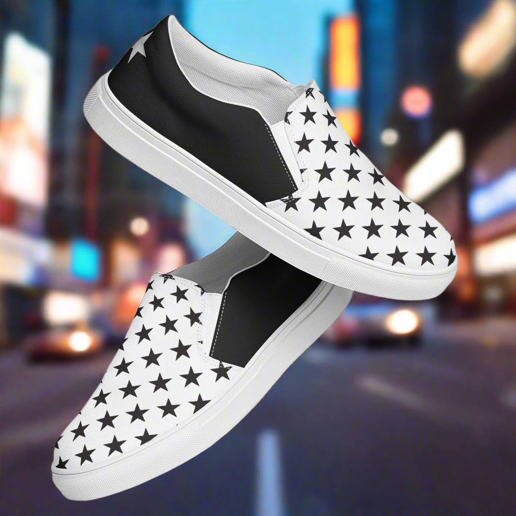 WildSage Market Slip-On Canvas Shoes Black Star Halftone with black and white star pattern design