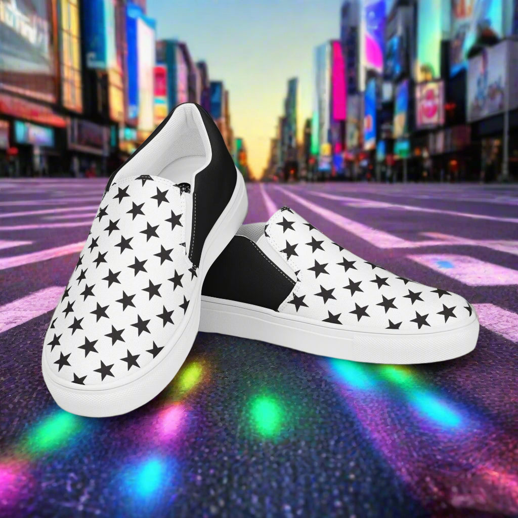 WildSage Market Slip-On Canvas Shoes Black Star Halftone with black stars on white background and black heel