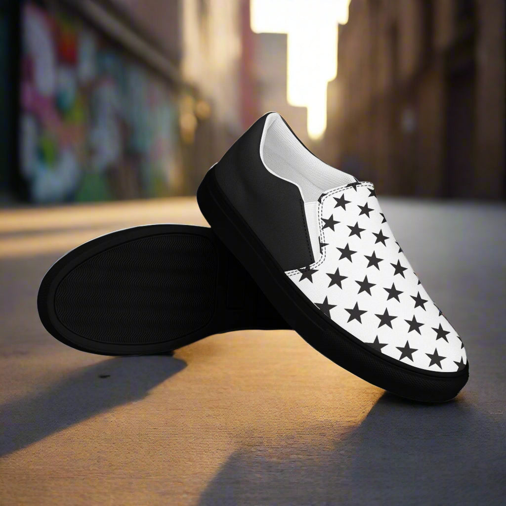 WildSage Market Slip-On Canvas Shoes Black Star Halftone with black soles and star pattern