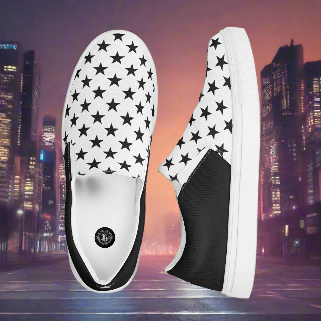 WildSage Market Slip-On Canvas Shoes Black Star Halftone with white base and black star pattern