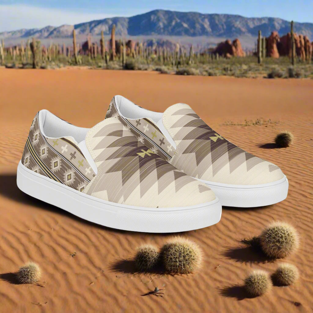 Southwest mens slip-on shoes in beige with geometric patterns, ideal for casual wear and comfort