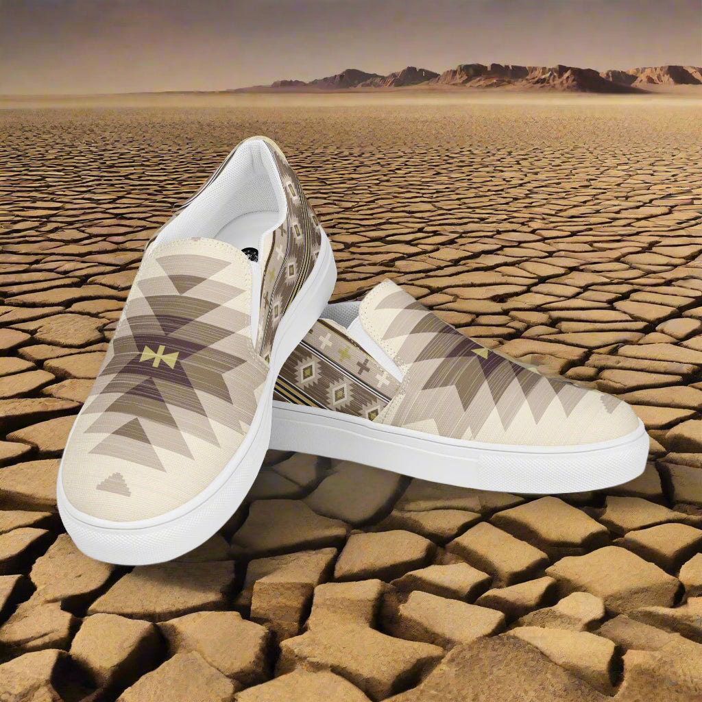 WildSage Market southwest mens slip-on shoes with tribal patterns in neutral tones on a desert background
