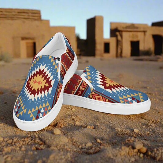 Slip-on Canvas Shoes Veyo Southwest Print with colorful geometric patterns on a sandy background