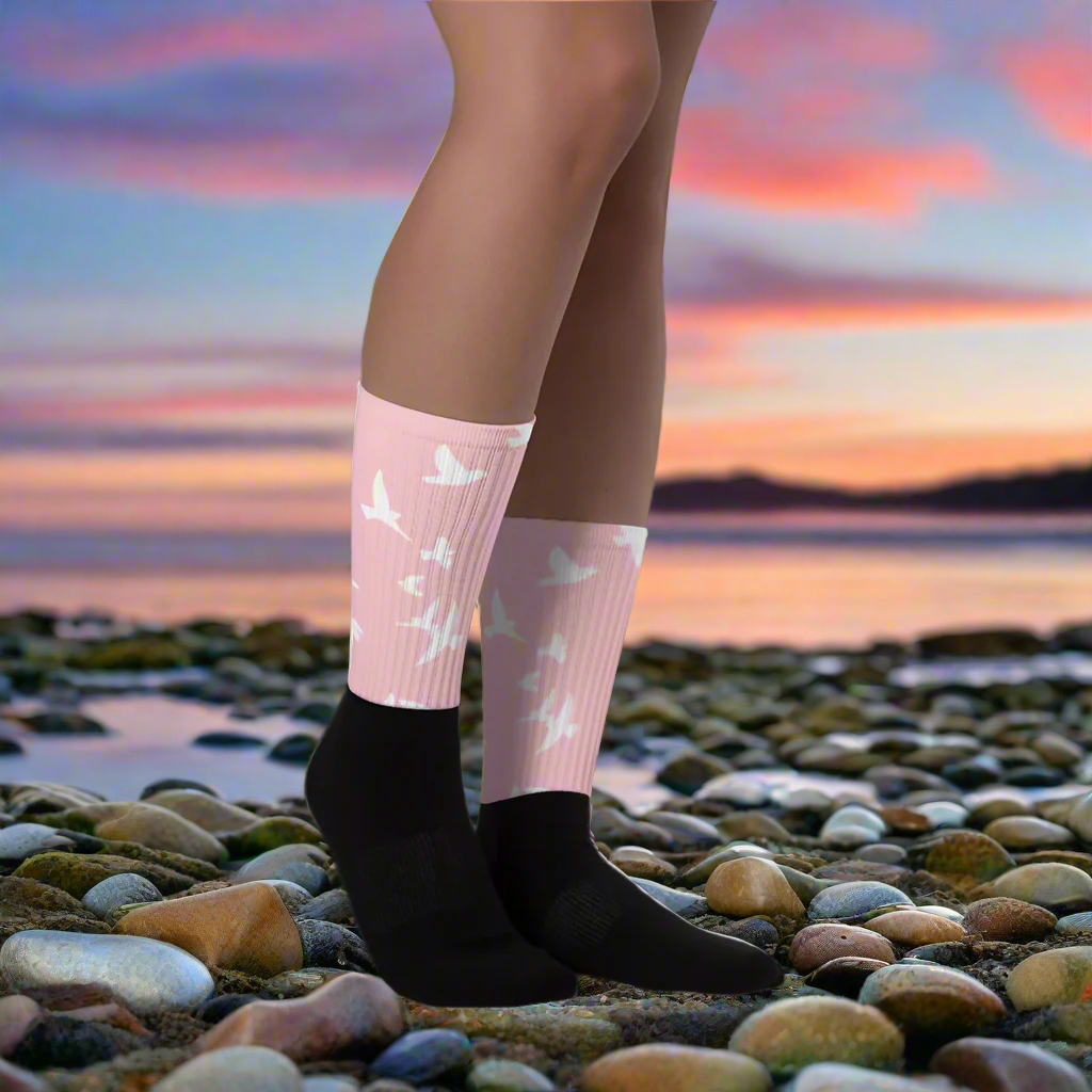 White Birds Pink Unisex Black Bottom Socks featuring bird designs perfect for casual wear