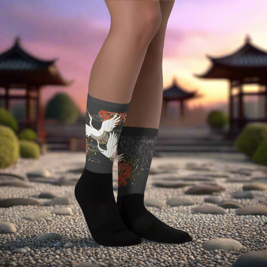 White Crane Unisex Black Bottom Socks featuring vibrant crane design, perfect for casual wear