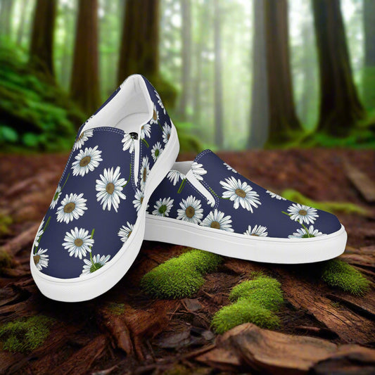 White Daisy Slip-on Canvas Shoes with Floral Design and Comfortable Fit on a Forest Floor